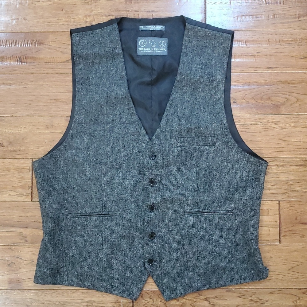 Threads 4 Thought Donegal Gray Tweed Vest with Black Lining